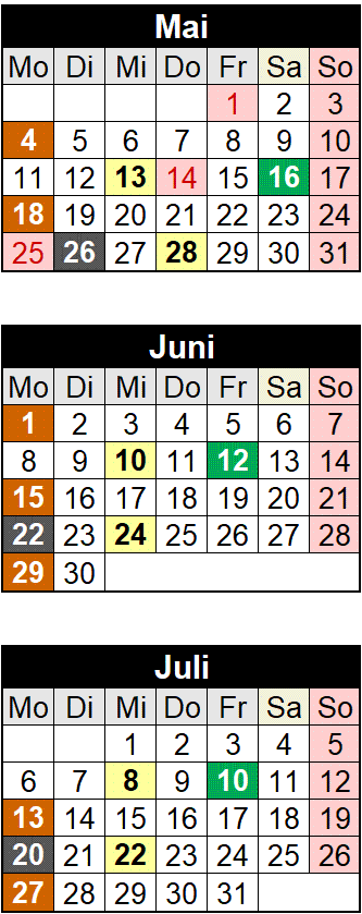 Termine Mai bis Juli 2026